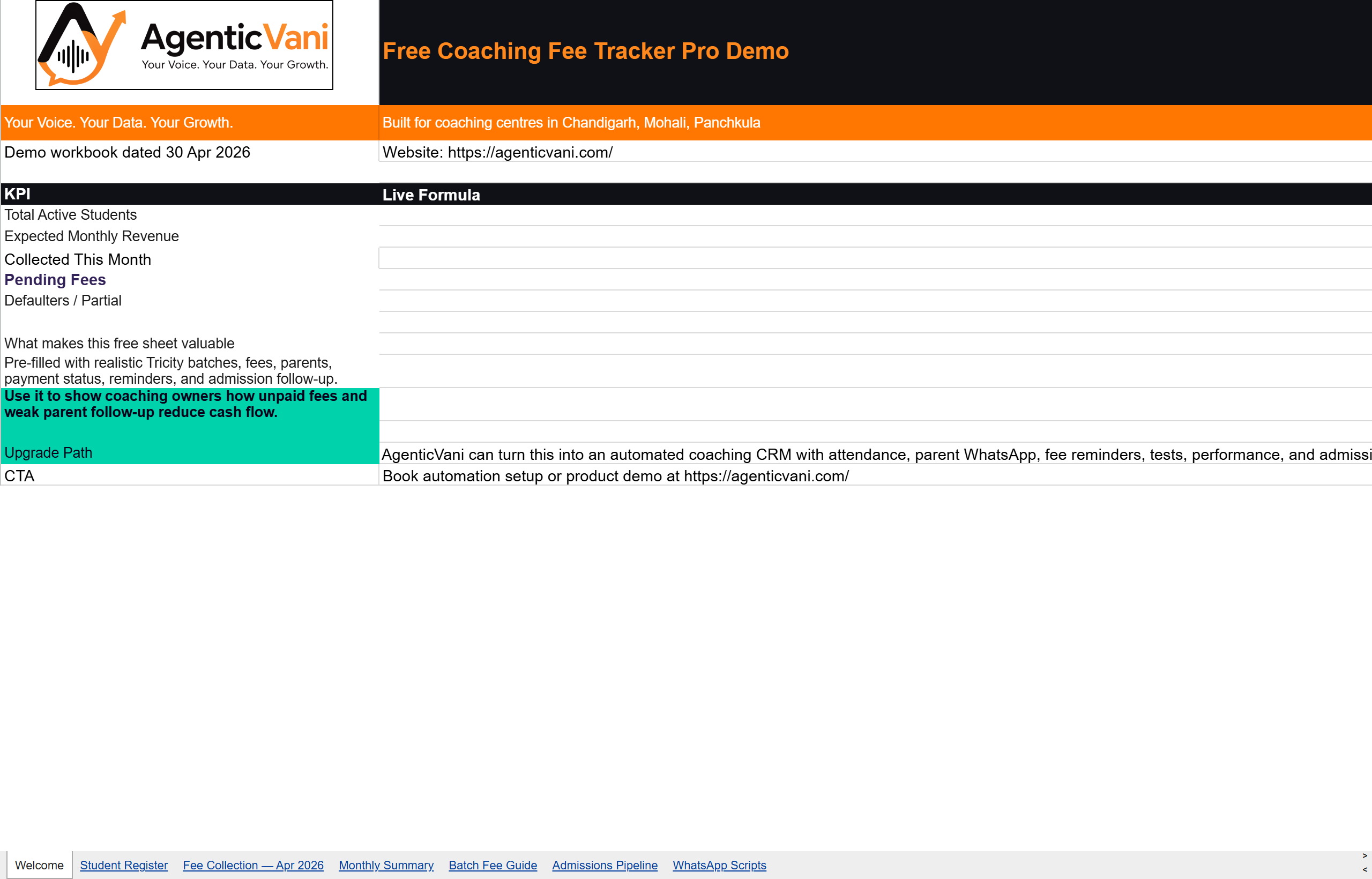 Screenshot of the Coaching Fee Tracker Google Sheet